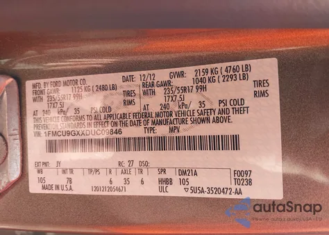 2013 Ford Escape Se z USA, uszkodzony, nr VIN 1FMCU9GXXDUC09846